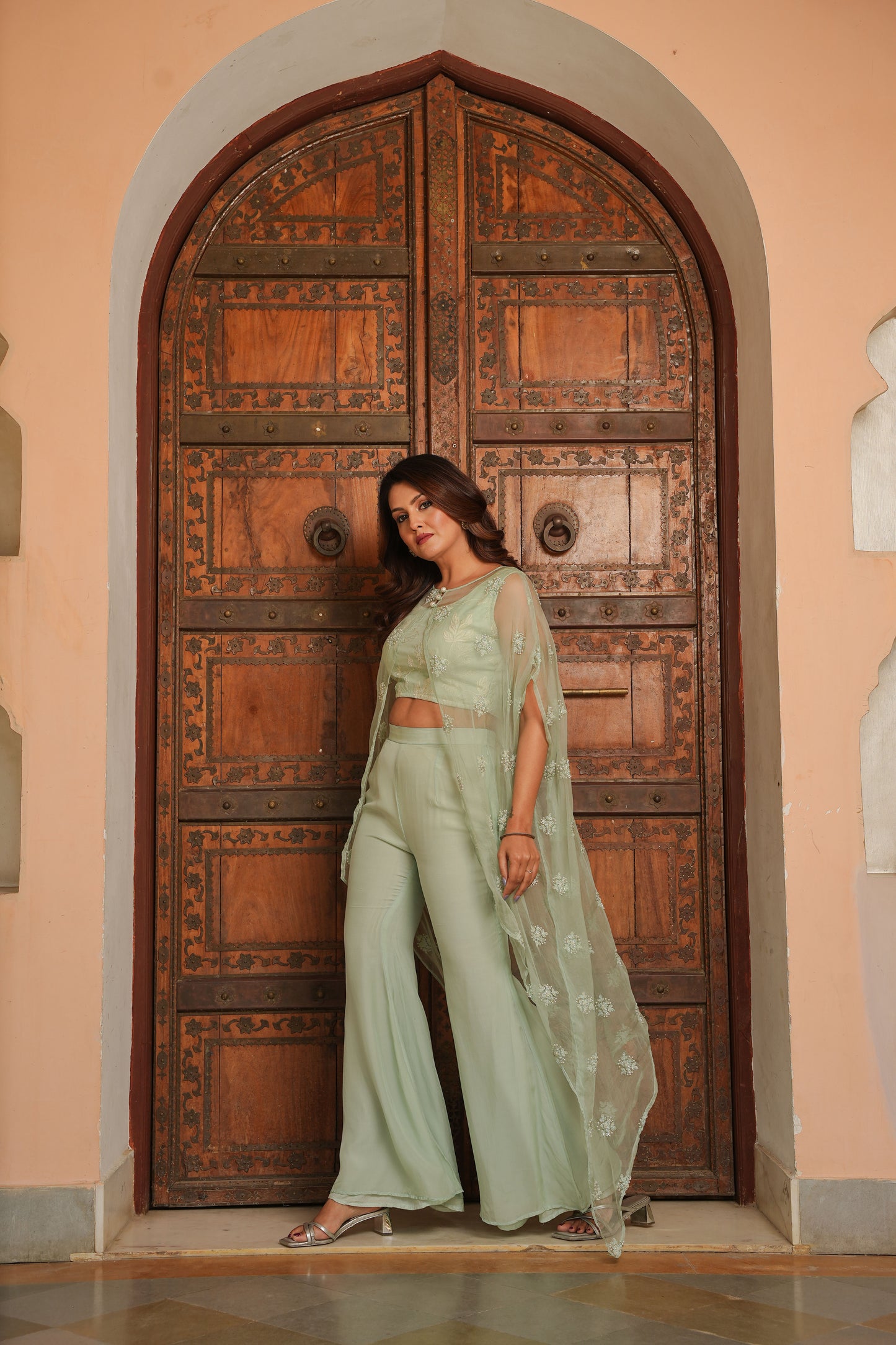 Mint Green Cape Top with Plazo set