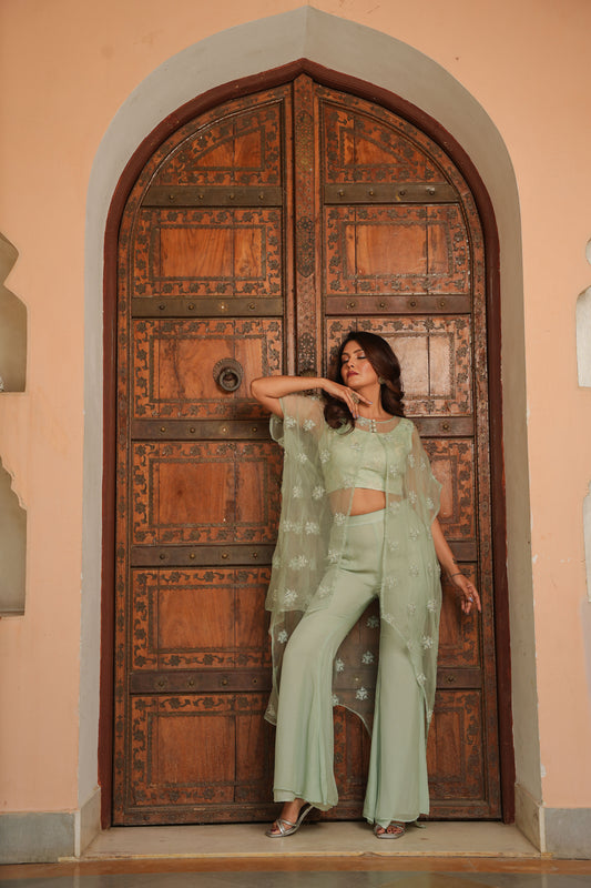 Mint Green Cape Top with Plazo set