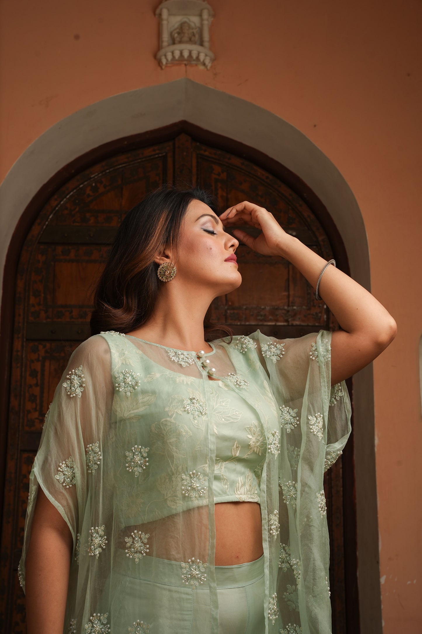 Mint Green Cape Top with Plazo set