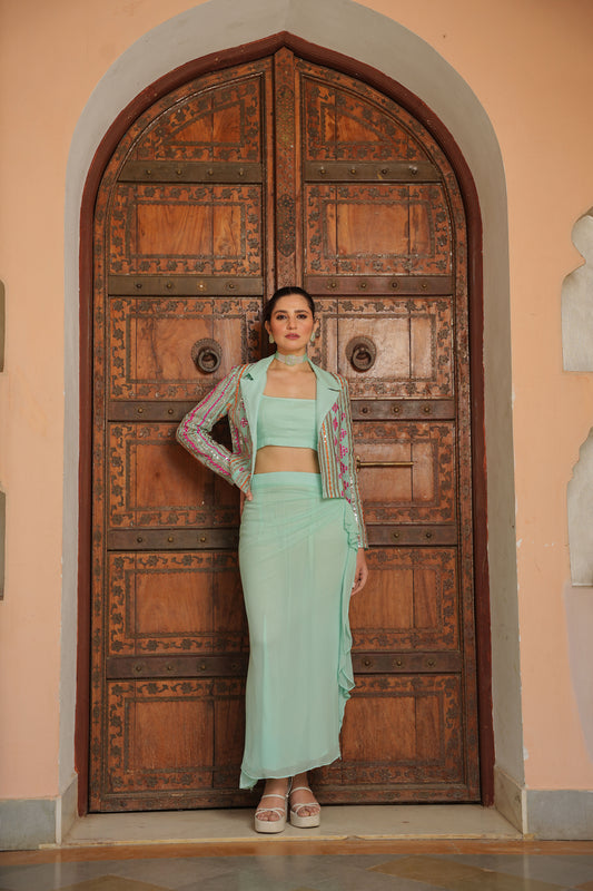 Aqua Blue Dhoti Skirt with Blazer set