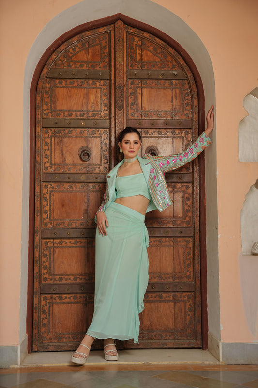 Aqua Blue Dhoti Skirt with Blazer set