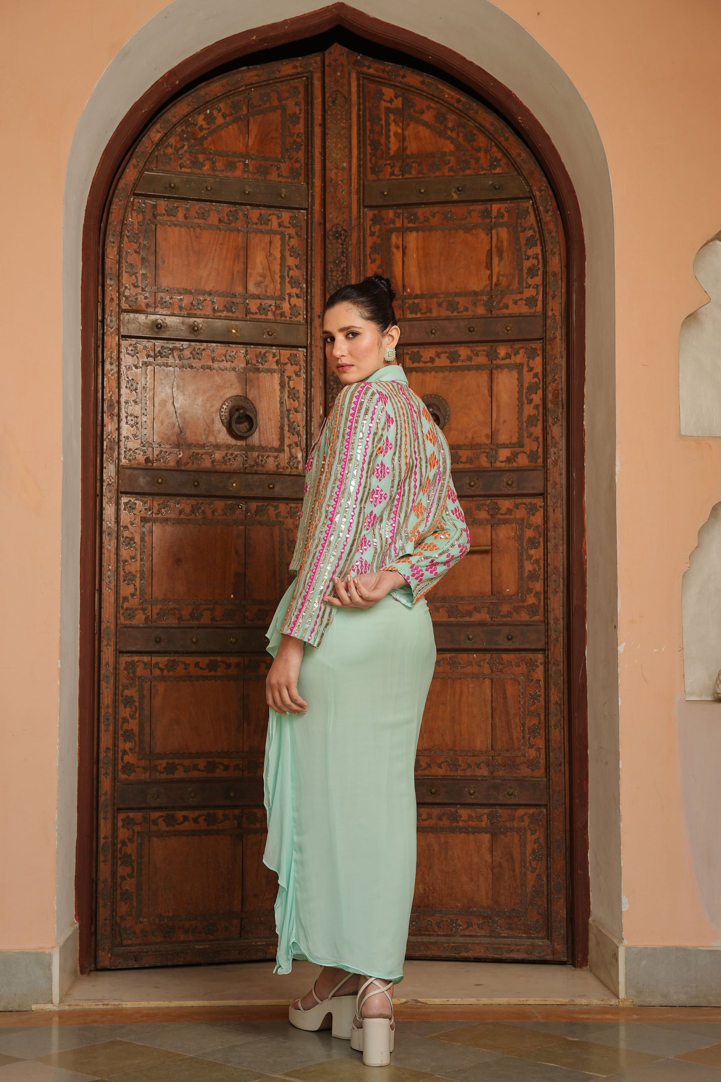 Aqua Blue Dhoti Skirt with Blazer set