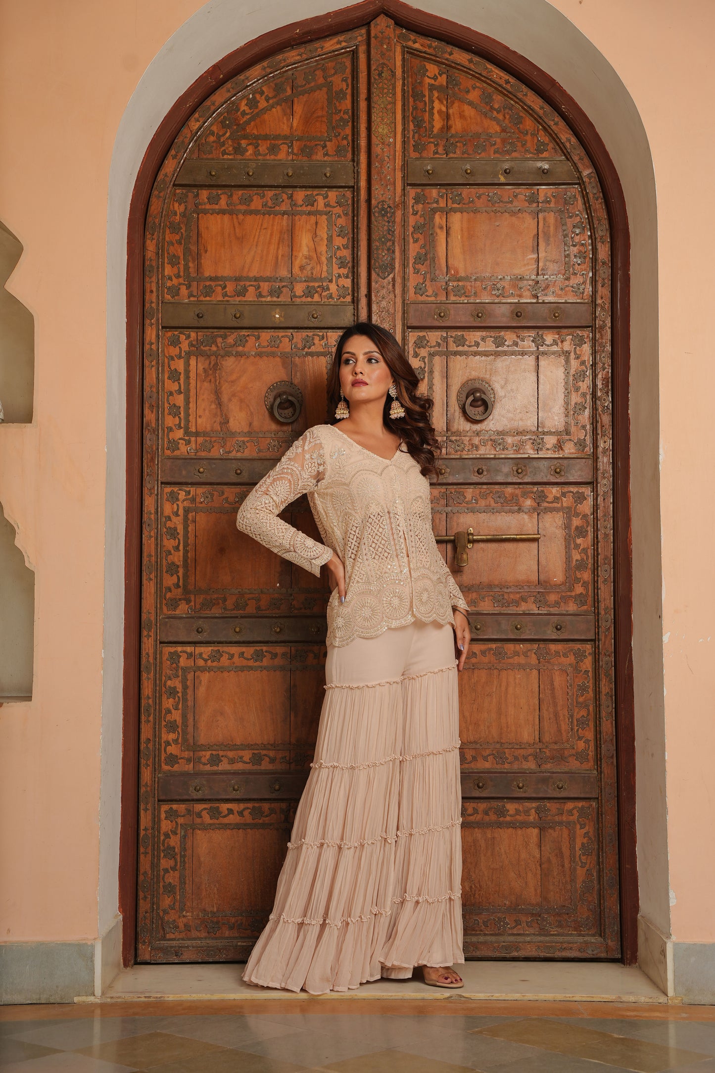 Vintage Peach Layered Sharara Set